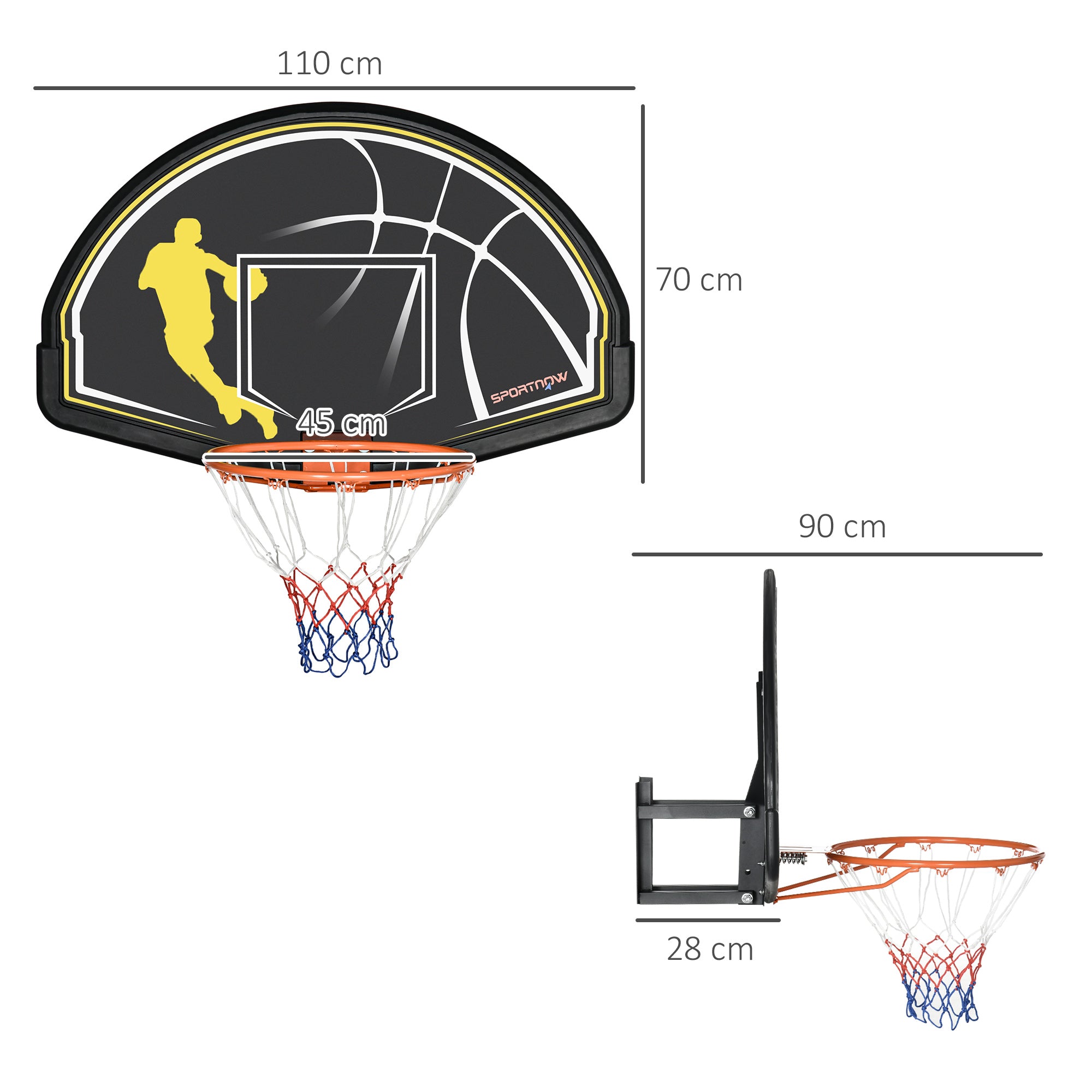 sportnow Basketball Hoop for Children and Adults Indoor and Outdoor in Steel and PE, 110x90x70 cm, Black and Yellow