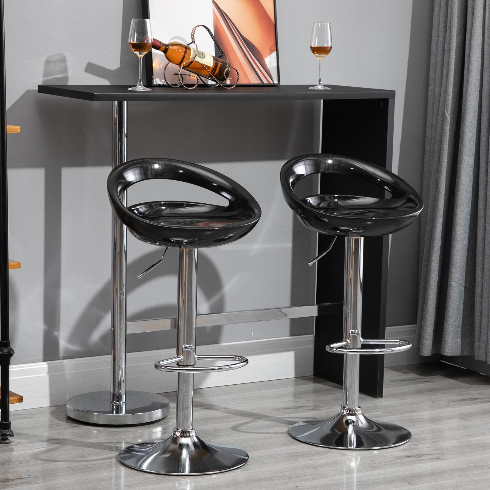 Homcom Set 2 swivel tall bar stools with back and footrest, adjustable height base in steel sitting in black ABS, for dining room and kitchen, 46x41x76-96cm - Borgè