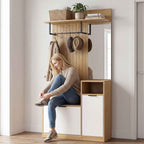HOMCOM Hallway Coat Rack with Rod, 4 Hooks, Bench with Shoe Rack and Cabinet, Oak and White