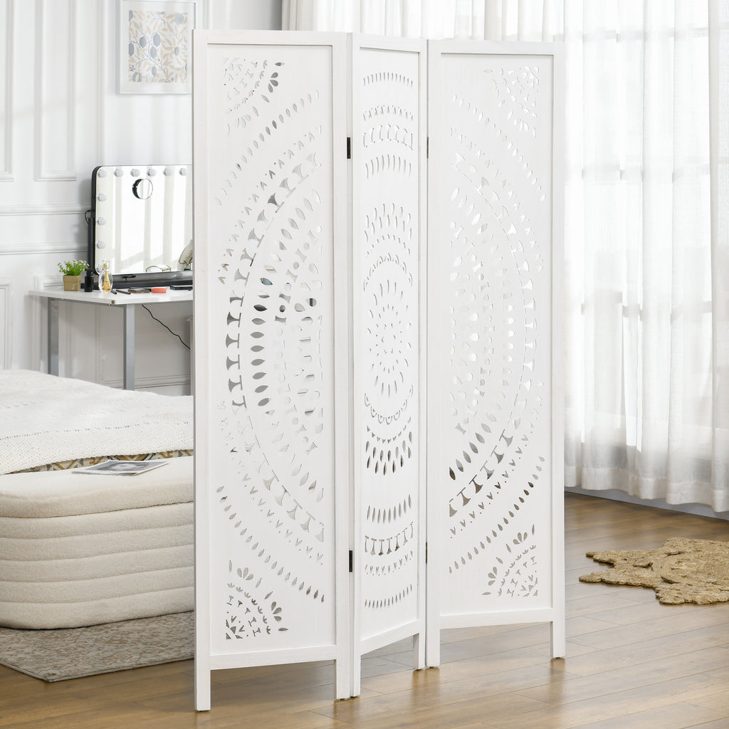3-Panel Folding Room Divider Screen, Carved Wood, 120x170cm, White