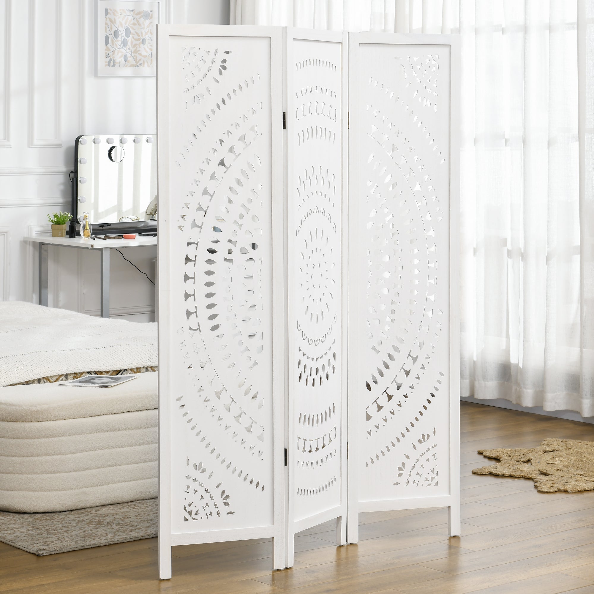 3-Panel Folding Room Divider Screen, Carved Wood, 120x170cm, White