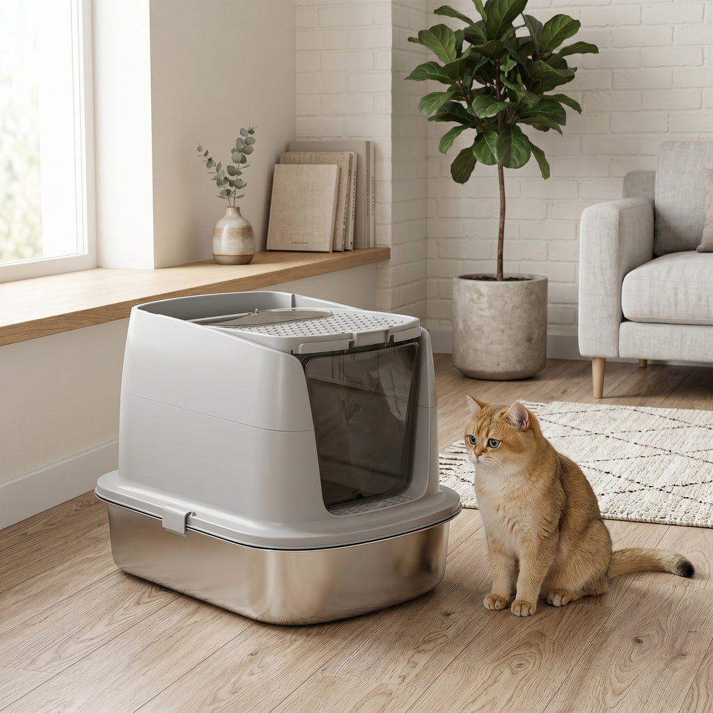 PawHut Stainless Steel Enclosed Cat Litter Box with Flip Lid, Double Door, Scoop, Light Grey