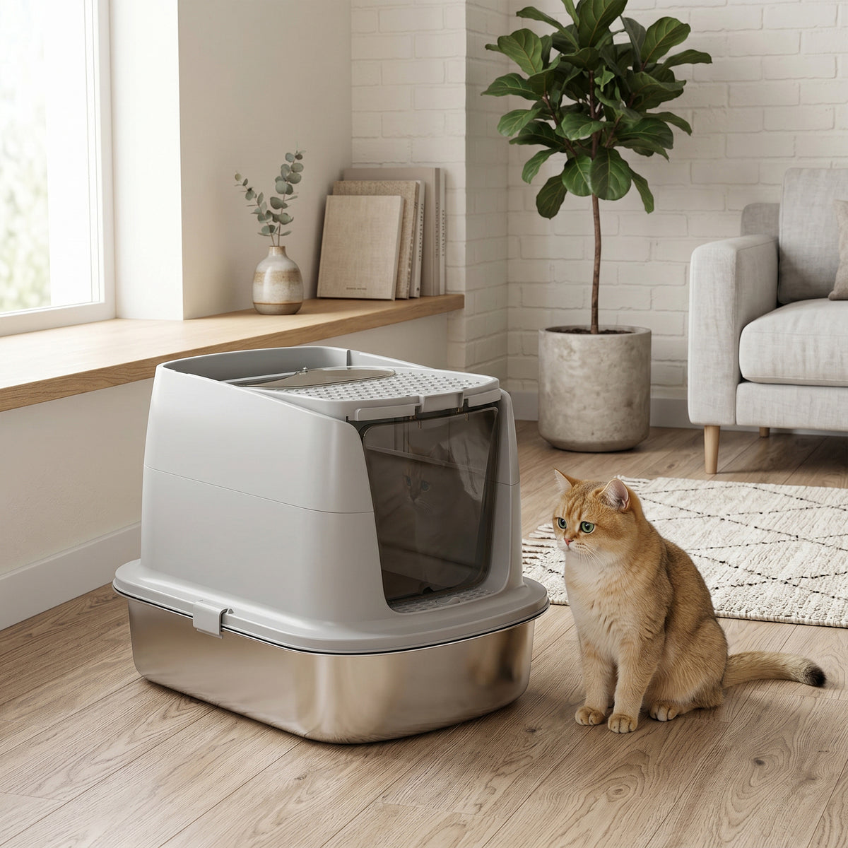 PawHut Stainless Steel Enclosed Cat Litter Box with Flip Lid, Double Door, Scoop, Light Grey