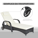 Garden Sun Lounger with Wheels, Height-Adjustable Rattan Beach Chair, Black and Cream, 200x73x103cm