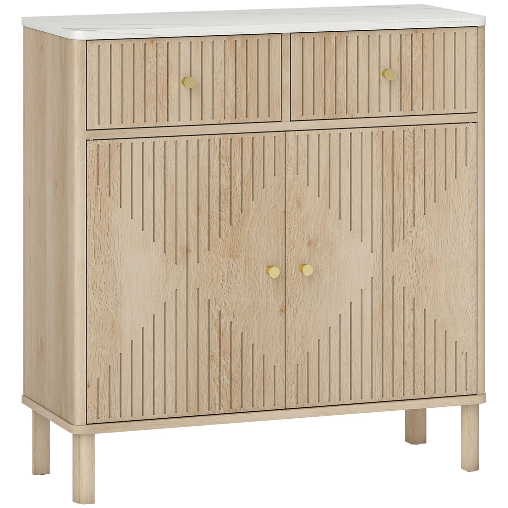 Wooden Sideboard with 2 Drawers, Cabinet and Marble Effect Top, 77x30x80 cm, Oak Color