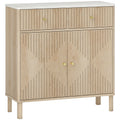 Wooden Sideboard with 2 Drawers, Cabinet and Marble Effect Top, 77x30x80 cm, Oak Color