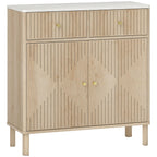 Wooden Sideboard with 2 Drawers, Cabinet and Marble Effect Top, 77x30x80 cm, Oak Color