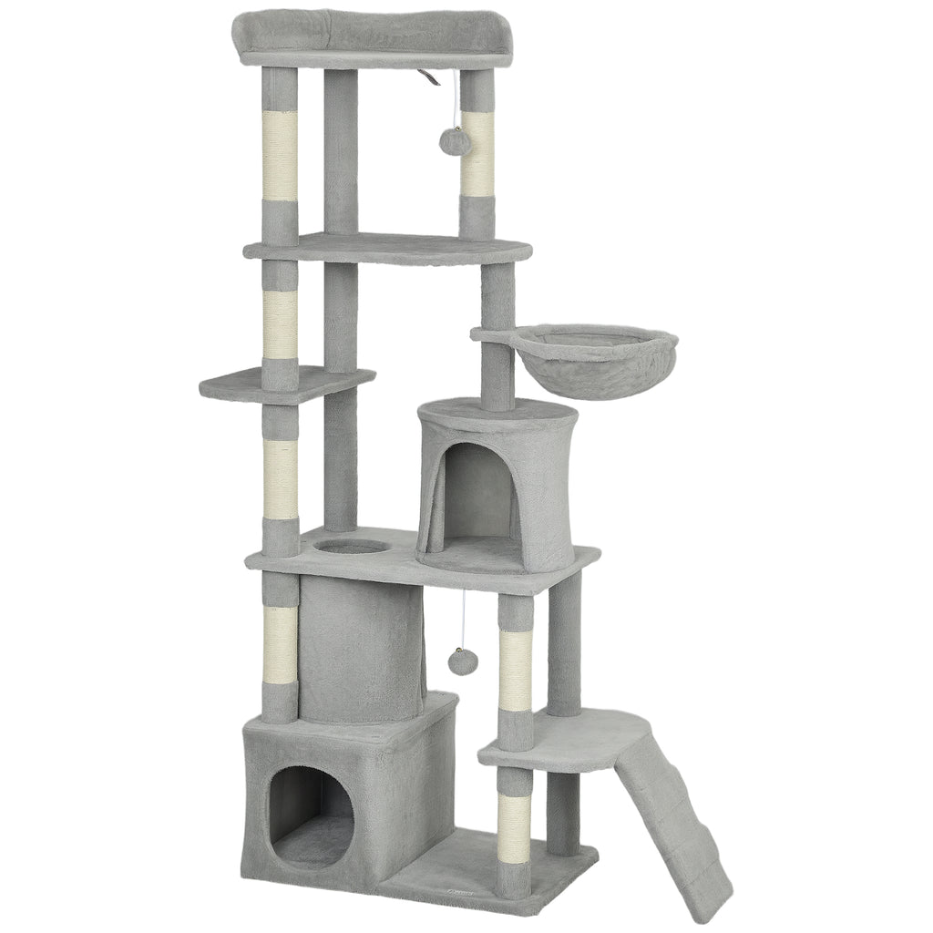 Cat Tree with 2 Houses, Hammock, Tunnel, and Bed, Sisal Poles, 60x40x170 cm, Grey