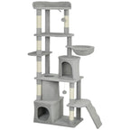 Cat Tree with 2 Houses, Hammock, Tunnel, and Bed, Sisal Poles, 60x40x170 cm, Grey