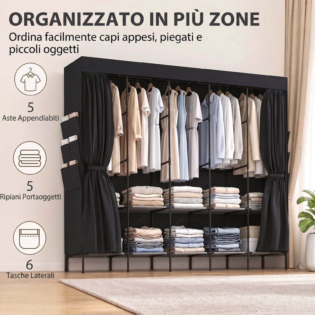 HOMCOM Space-Saving Fabric Wardrobe with 5 Rods, 5 Shelves, 6 Side Pockets, Dustproof Doors with Zip, Black