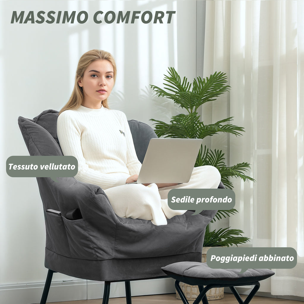 Modern Armchair with Footrest and 2 Side Pockets, in Velvet Effect Fabric and Steel, 80x78x100 cm, Gray