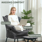 Modern Armchair with Footrest and 2 Side Pockets, in Velvet Effect Fabric and Steel, 80x78x100 cm, Gray