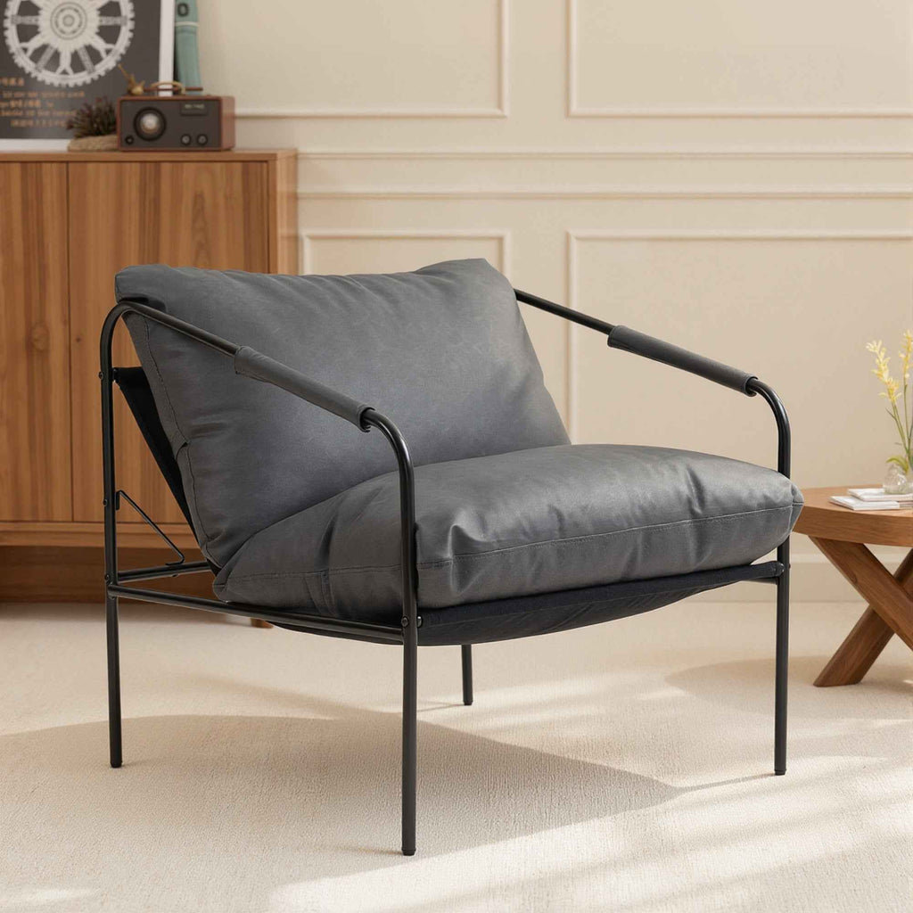 HOMCOM PU Leather Metal Frame Lounge Chair with Thick Cushions, 74.5 x 75 x 77 cm, Charcoal Grey