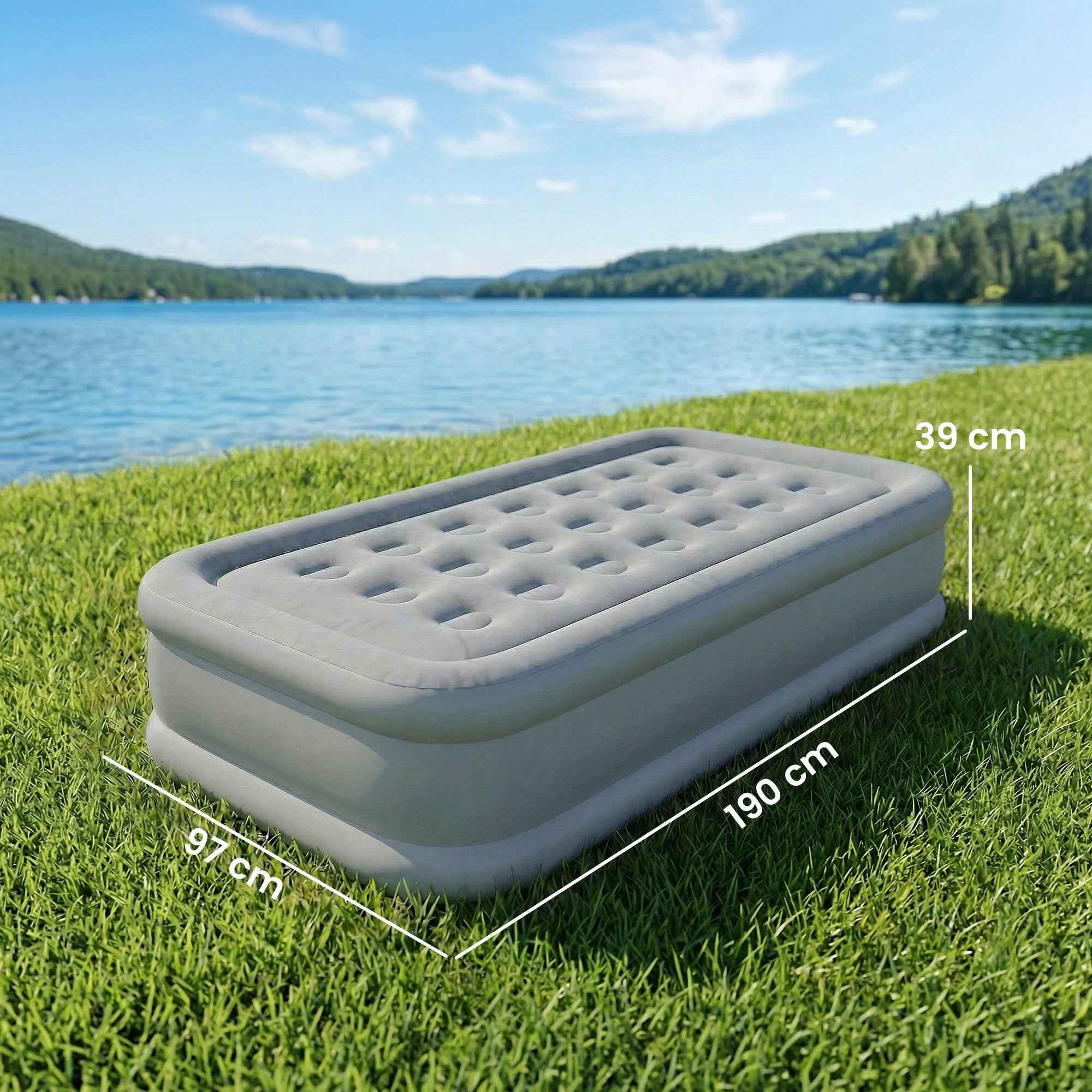 Outsunny Self-Inflating Single Mattress, Flocked Surface, with Inflation Pump and Carry Bag, Grey