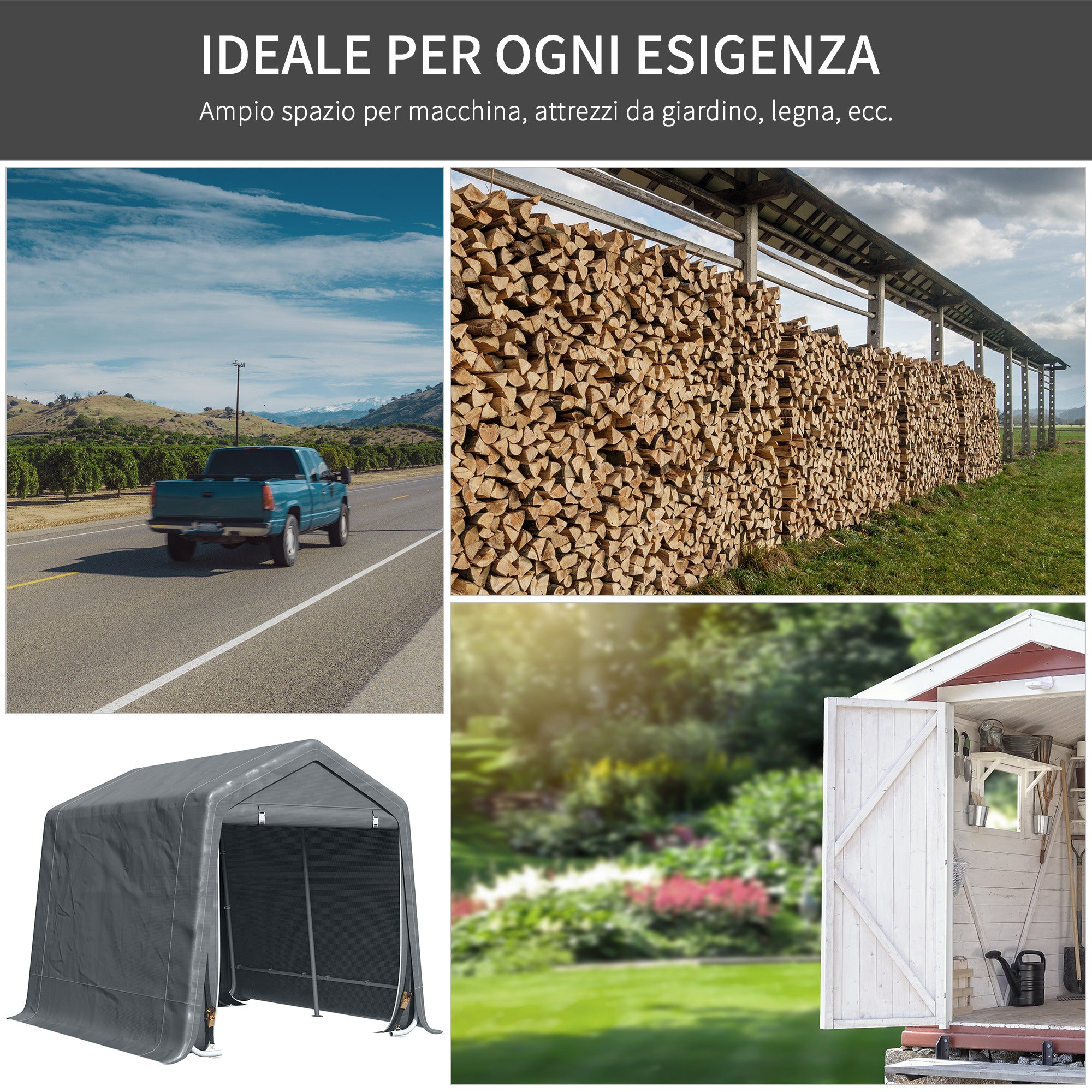 Garage Tent 2.4x2m for Vehicles and Bicycles in Metal and PE Fabric, Dark Gray