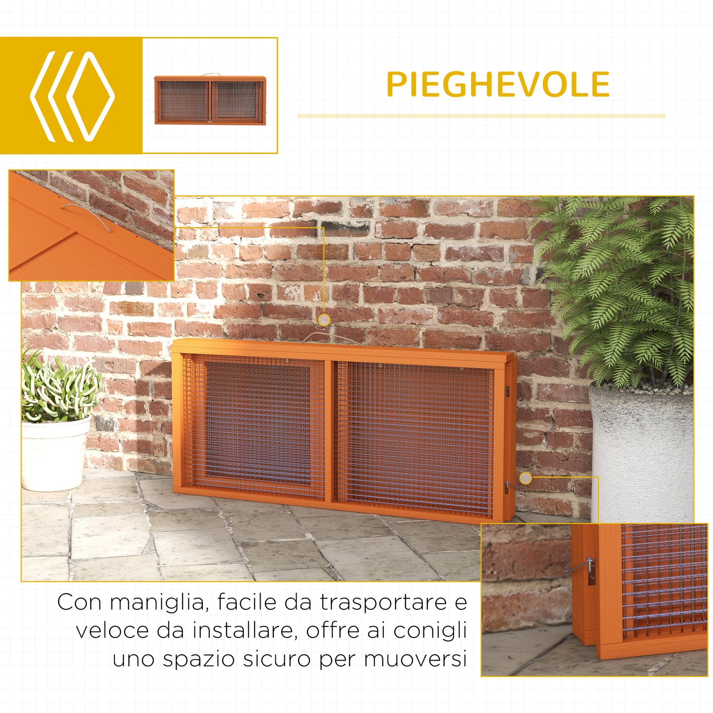 PawHut Folding Outdoor Hutch for 2-3 Rodents with Multiple Entrances, in Wood and Steel, 110x105x50 cm, Orange - Borgè