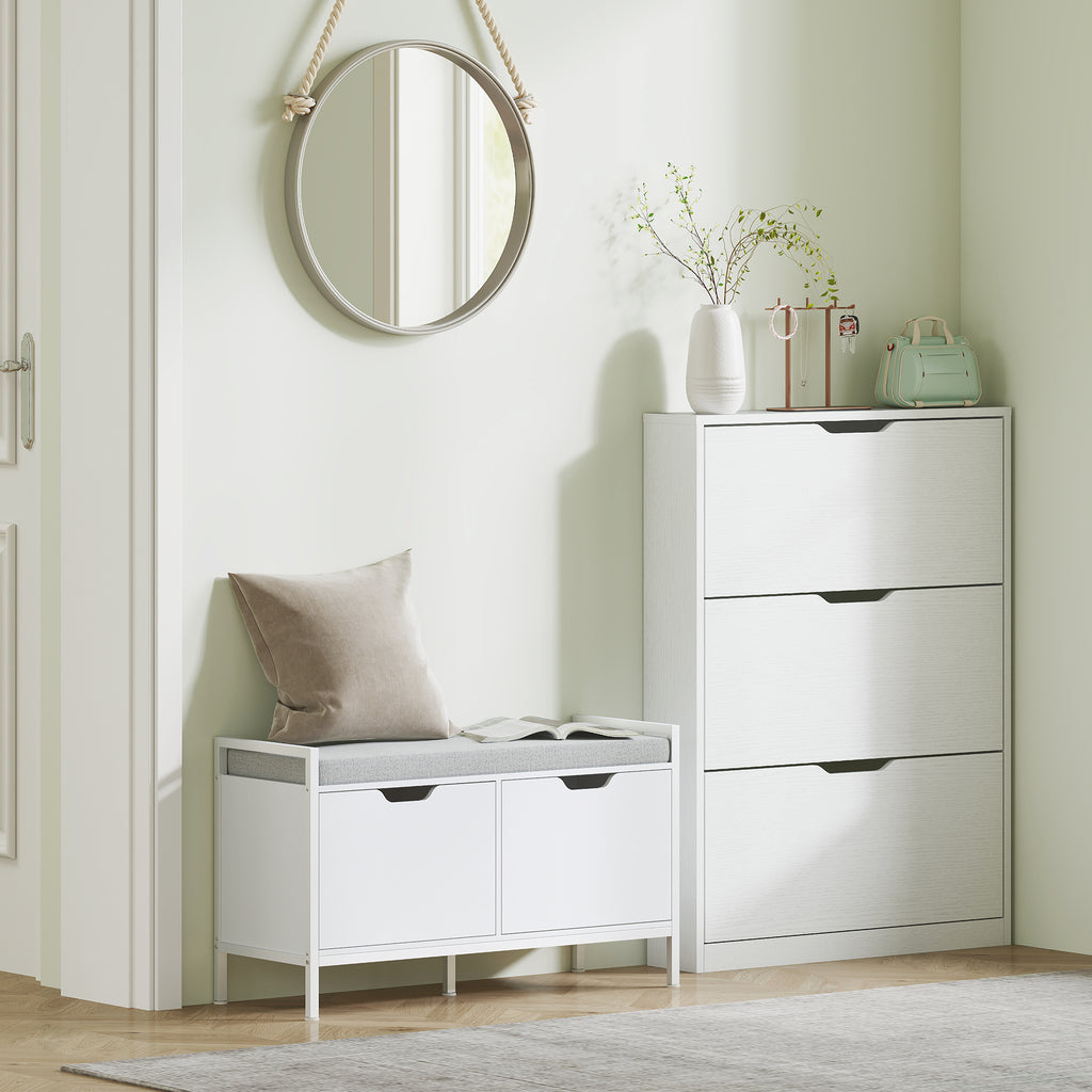 Slim Shoe Rack with 3 Folding Drawers and Bottom Cutout, Wooden, 80x17x108 cm, White