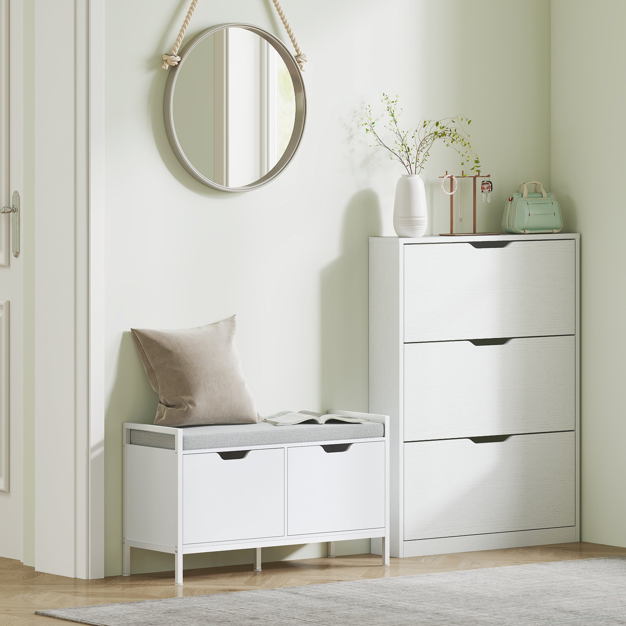 Slim Shoe Rack with 3 Folding Drawers and Bottom Cutout, Wooden, 80x17x108 cm, White