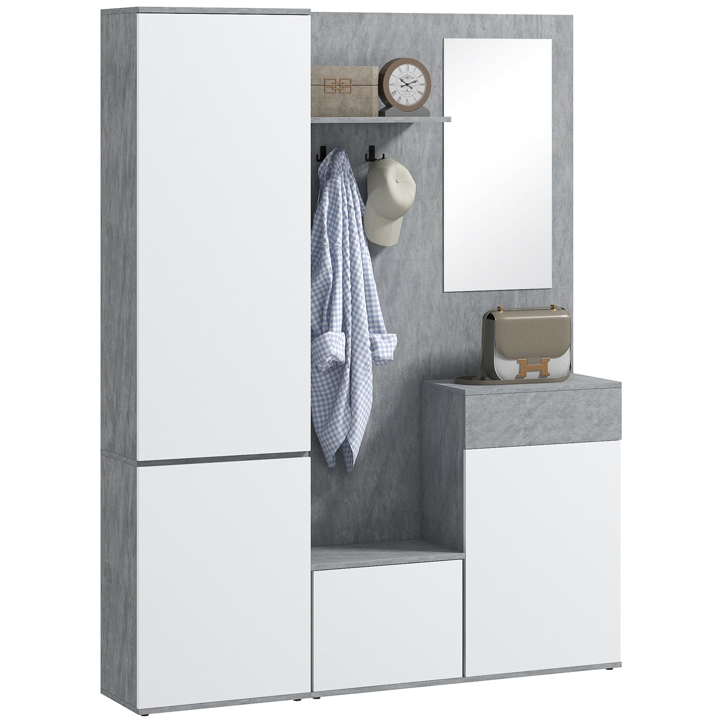 Hallway Cabinet 4 in 1 with Mirror, Hooks and Internal Shelves, Wooden, 145x29x184 cm, Grey and White