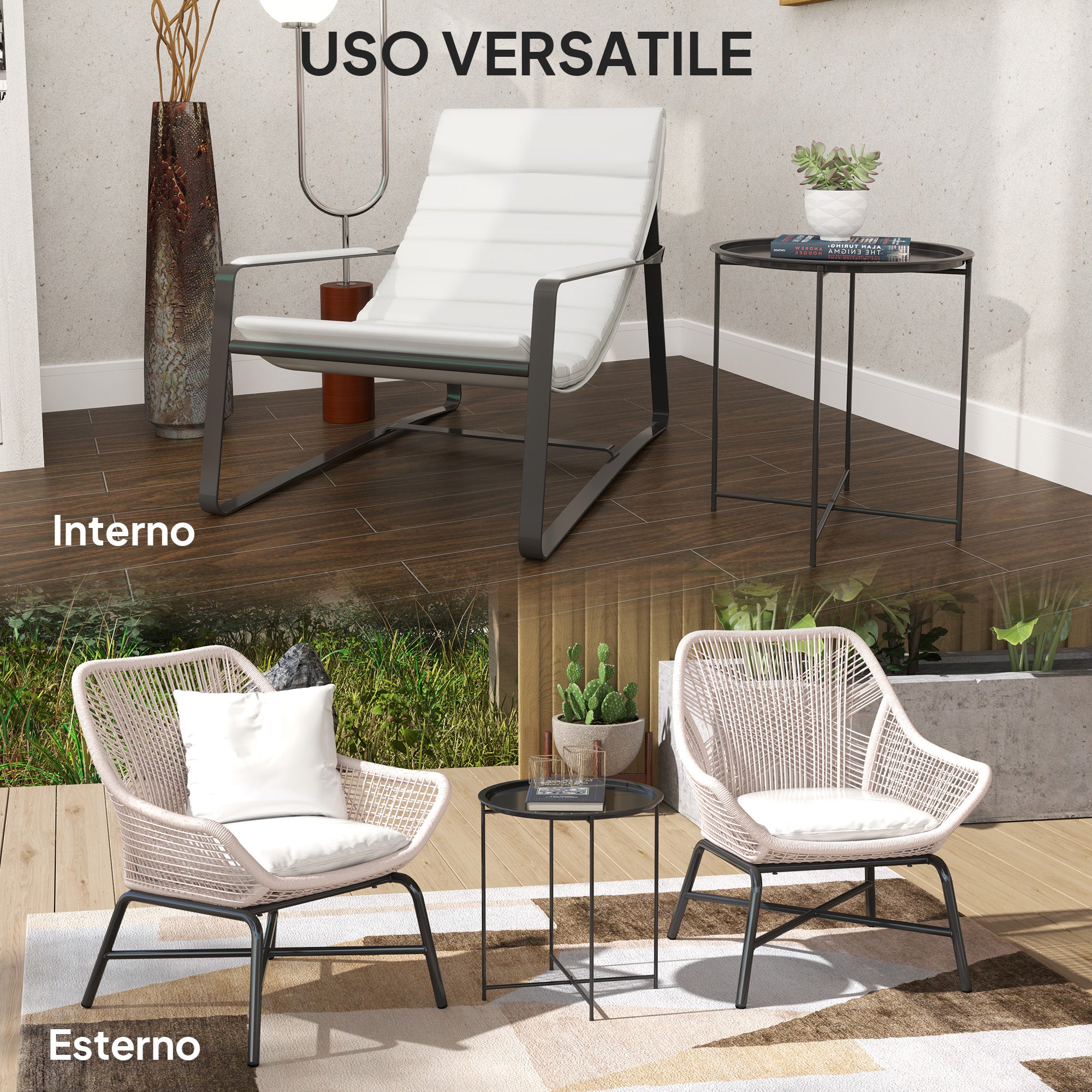 Garden Coffee Table with Removable Tray and Folding Steel Legs, Ø46x50 cm, Black