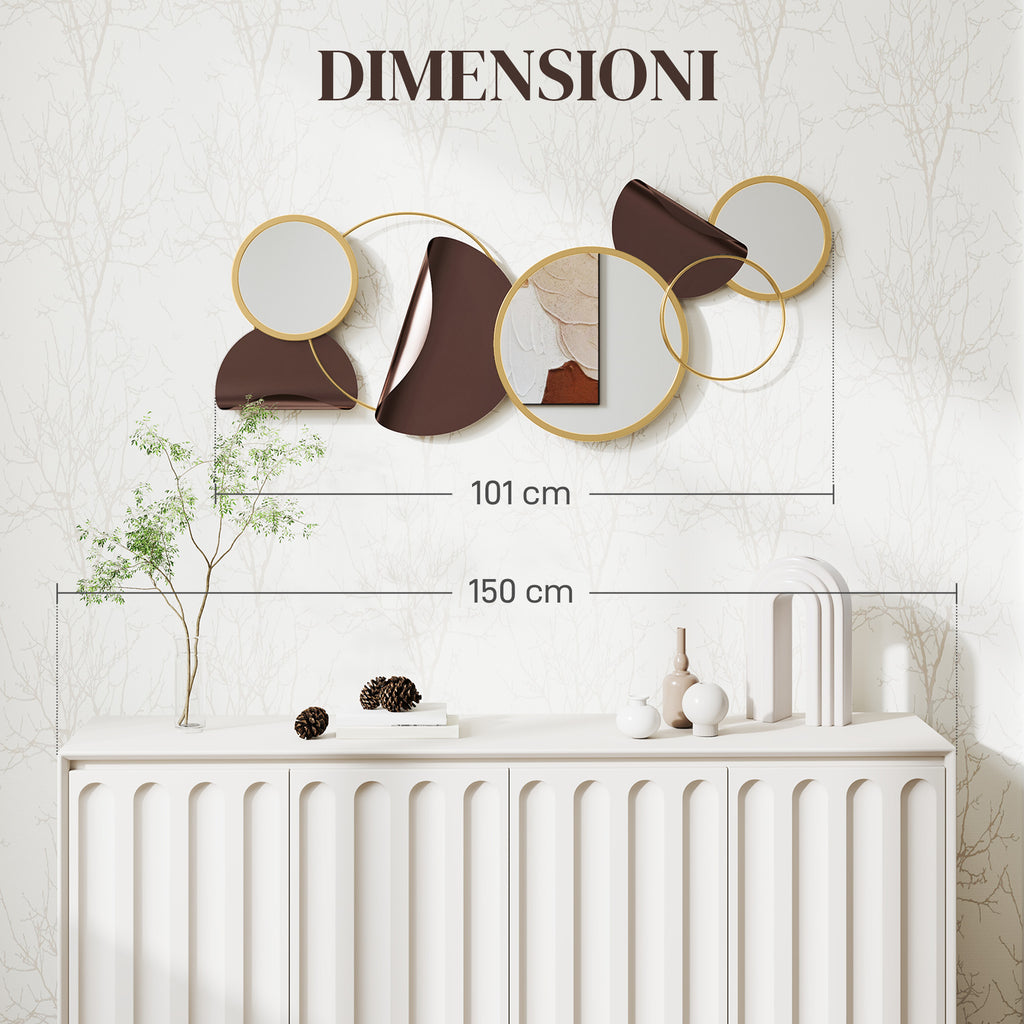Modern 3D Metal Wall Decoration with Mirrors for Living Room and Entrance, 101x41.5 cm, Gold