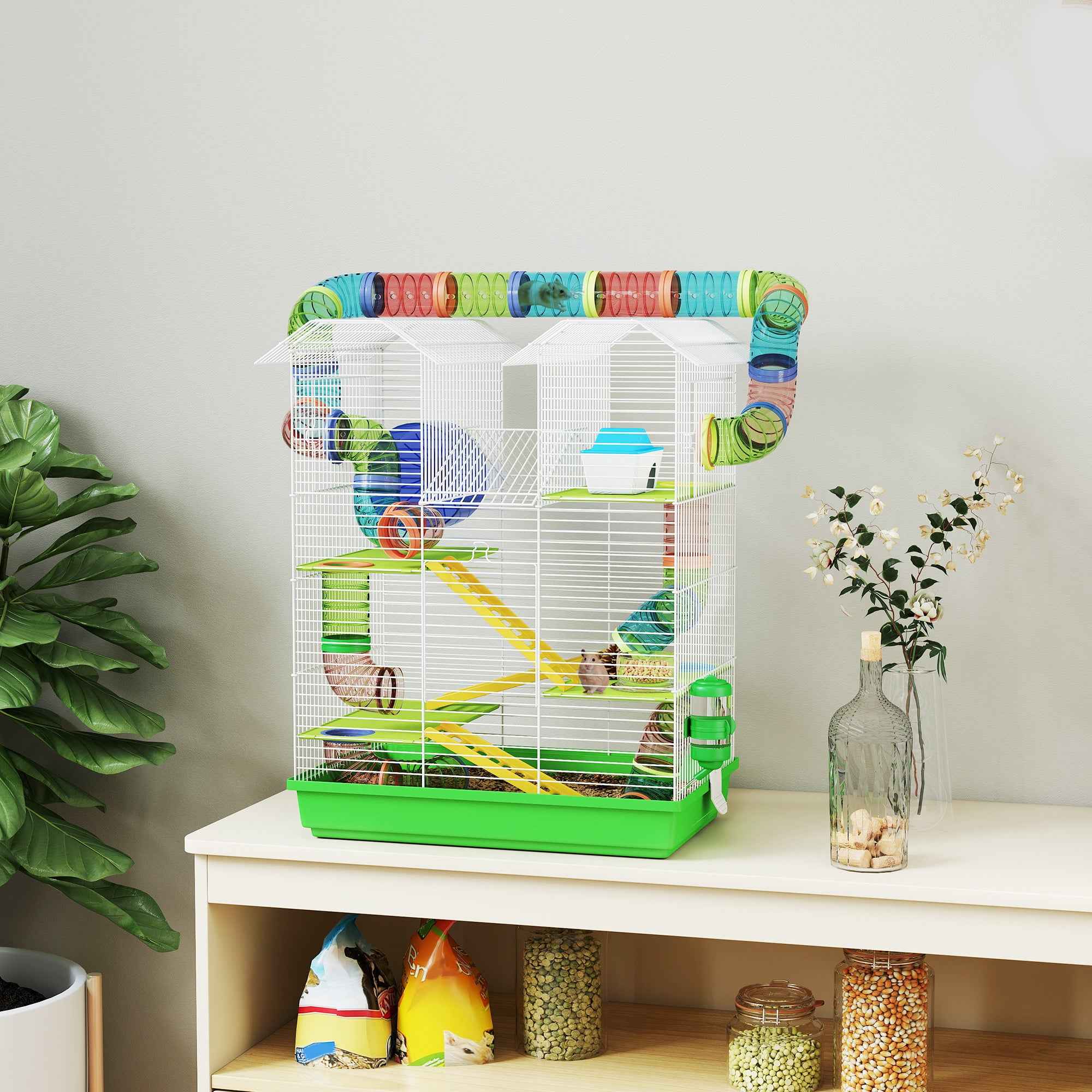 PawHut 5-Story Hamster Cage with Colorful Tubes, Wheel, House and Accessories, 47x30x59 cm, Green