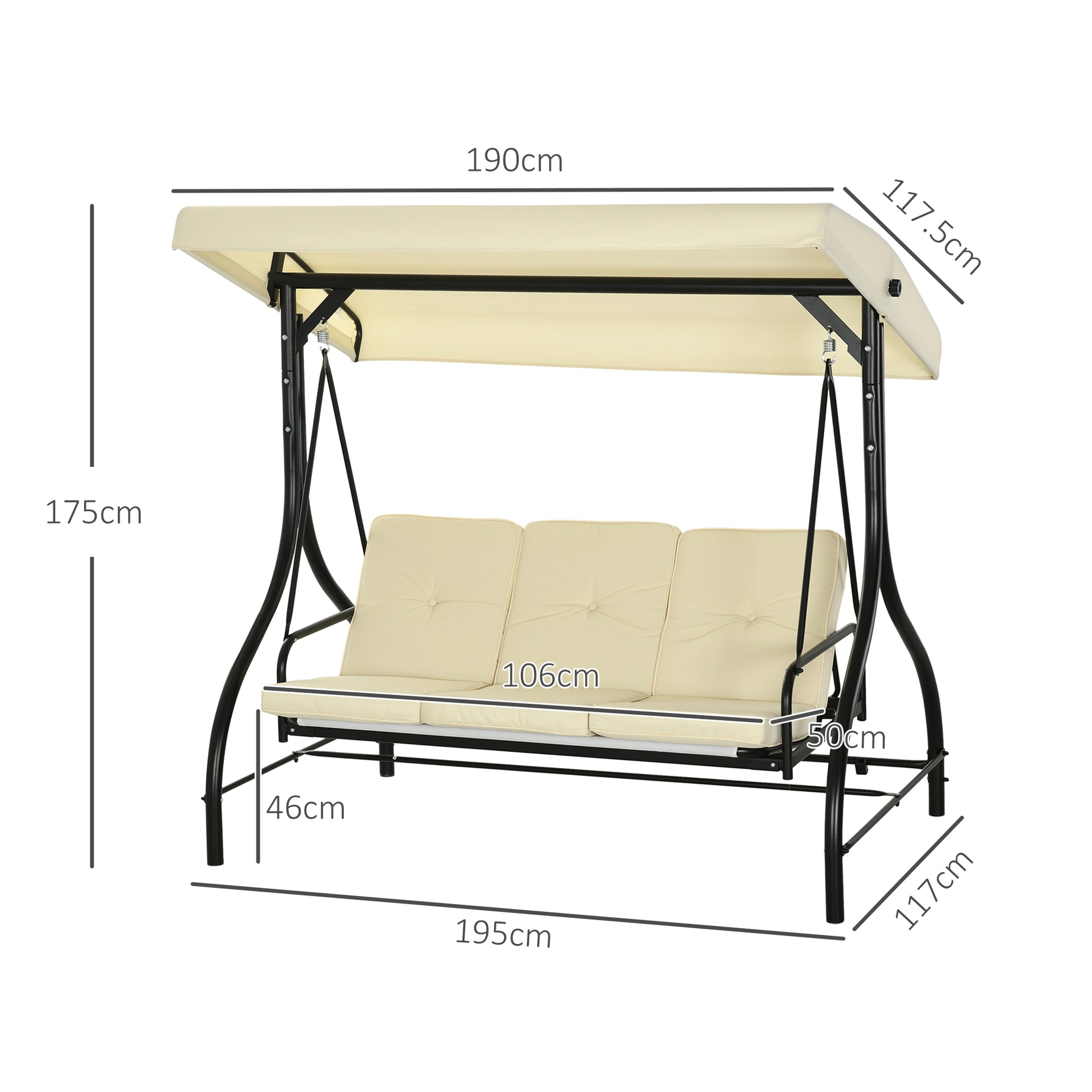 3 -seater garden rocking outsunny with adjustable roof, in metal and teslin fabric, beige and black - Borgè