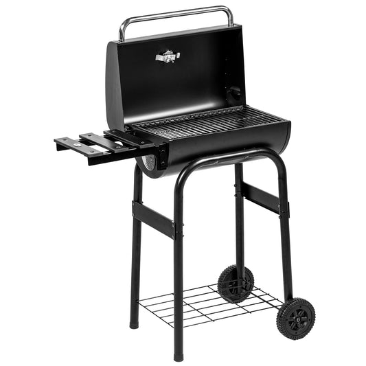 Outsunny Charcoal Barbecue with Lid, Thermometer and Chimney, Shelves and Wheels, Black