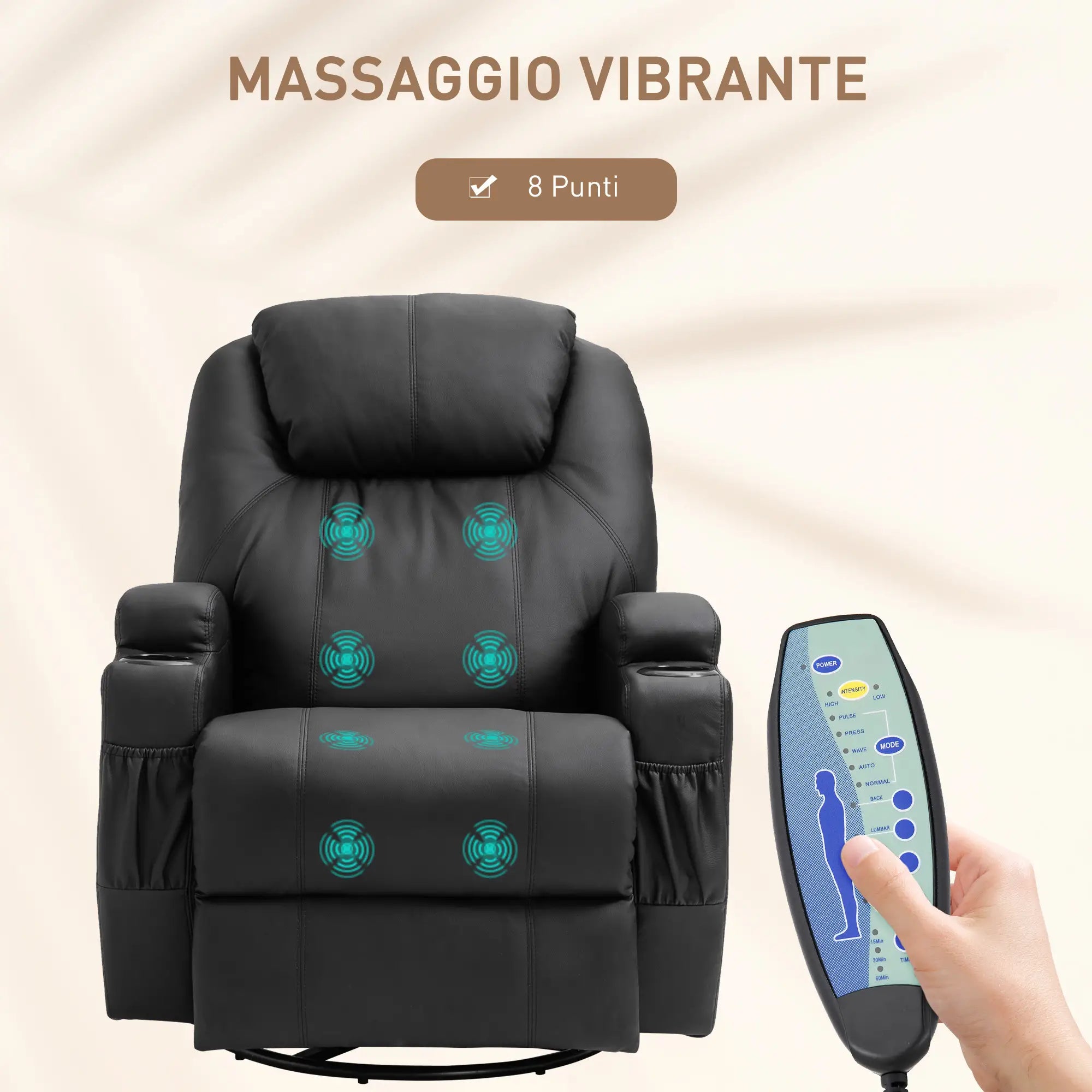Massage Relax Chair with 8 Points, 5 Modes and 2 Intensities, Reclining with Footrest and Swivel, 84x92x109cm, Black