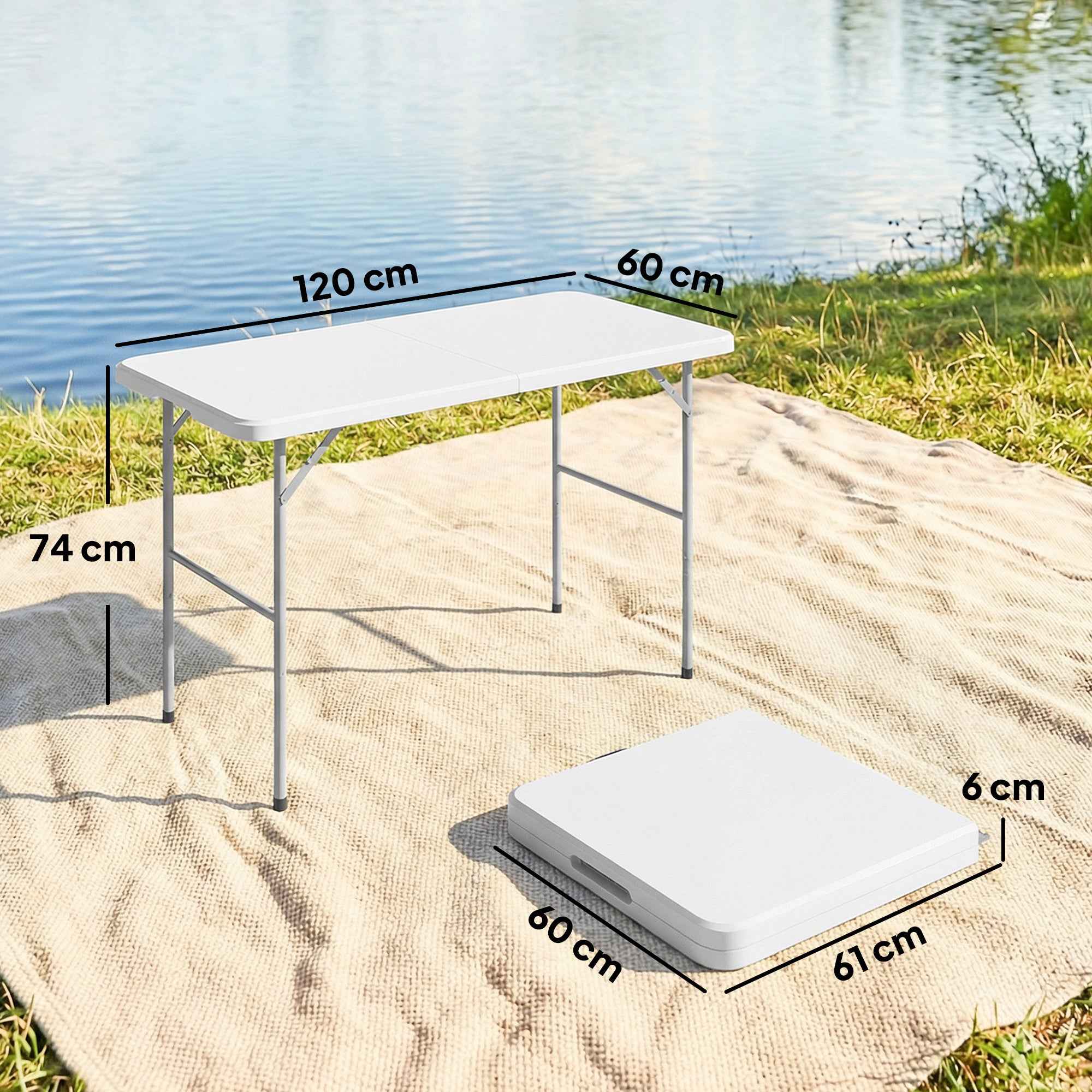 Outsunny 2-Height Folding Camping Table with Handle, HDPE, 120x60x74 cm, White