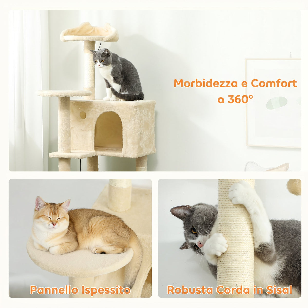 PawHut Cat Tree, 140 cm Tall, with 2 Cat Houses, Hammock, Bed and Sisal Posts, Beige