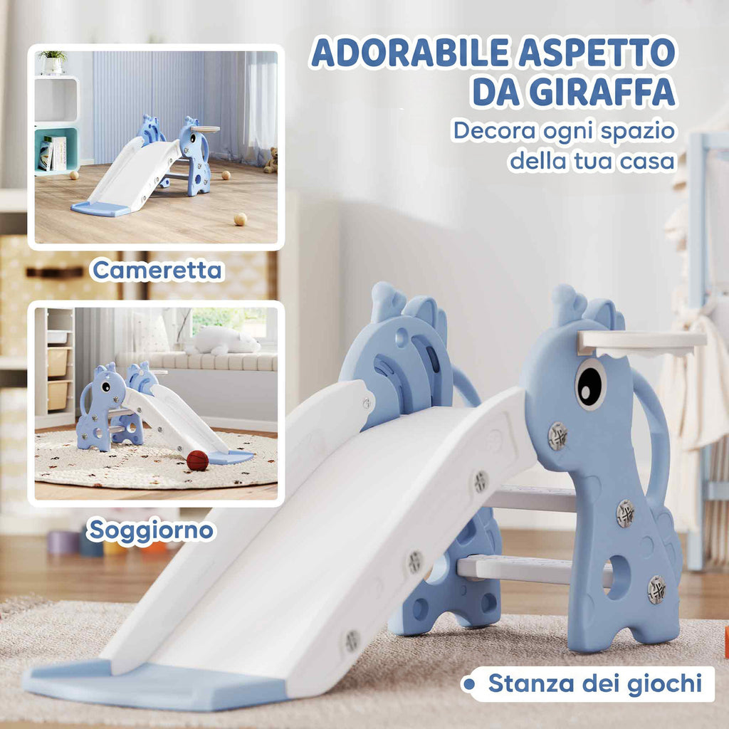 AIYAPLAY Kids Slide with Ladder, Basketball Hoop and Ball, Giraffe Design, for Children 1-3 Years Old, Blue