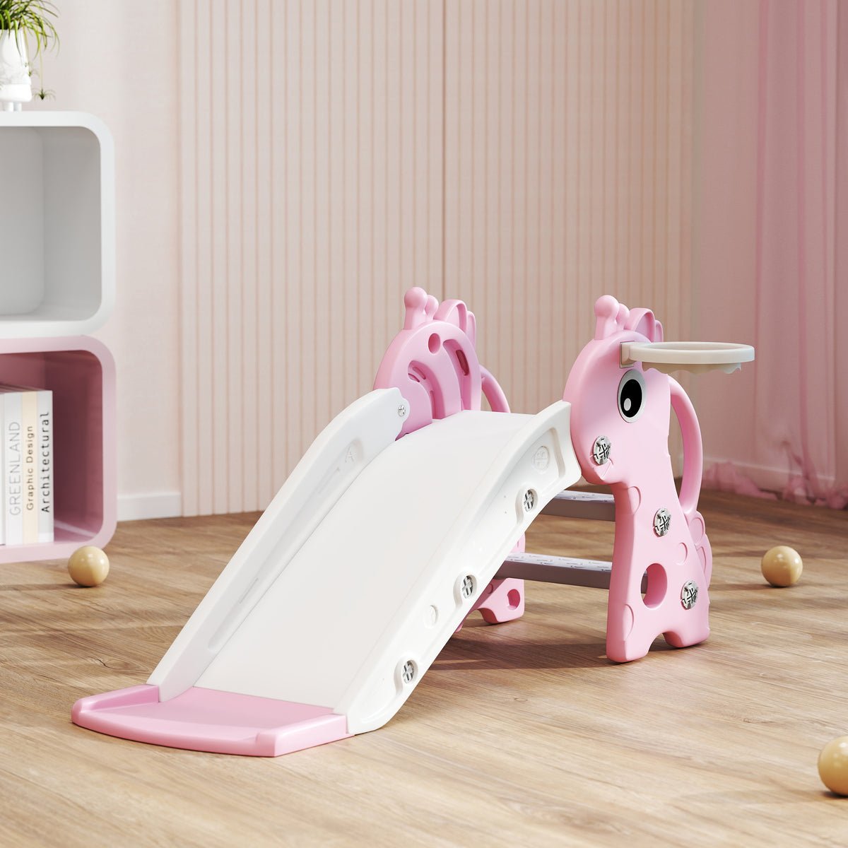 AIYAPLAY Kids Slide with Ladder, Basketball Hoop and Ball, Giraffe Design, for Children 1-3 Years Old, Pink