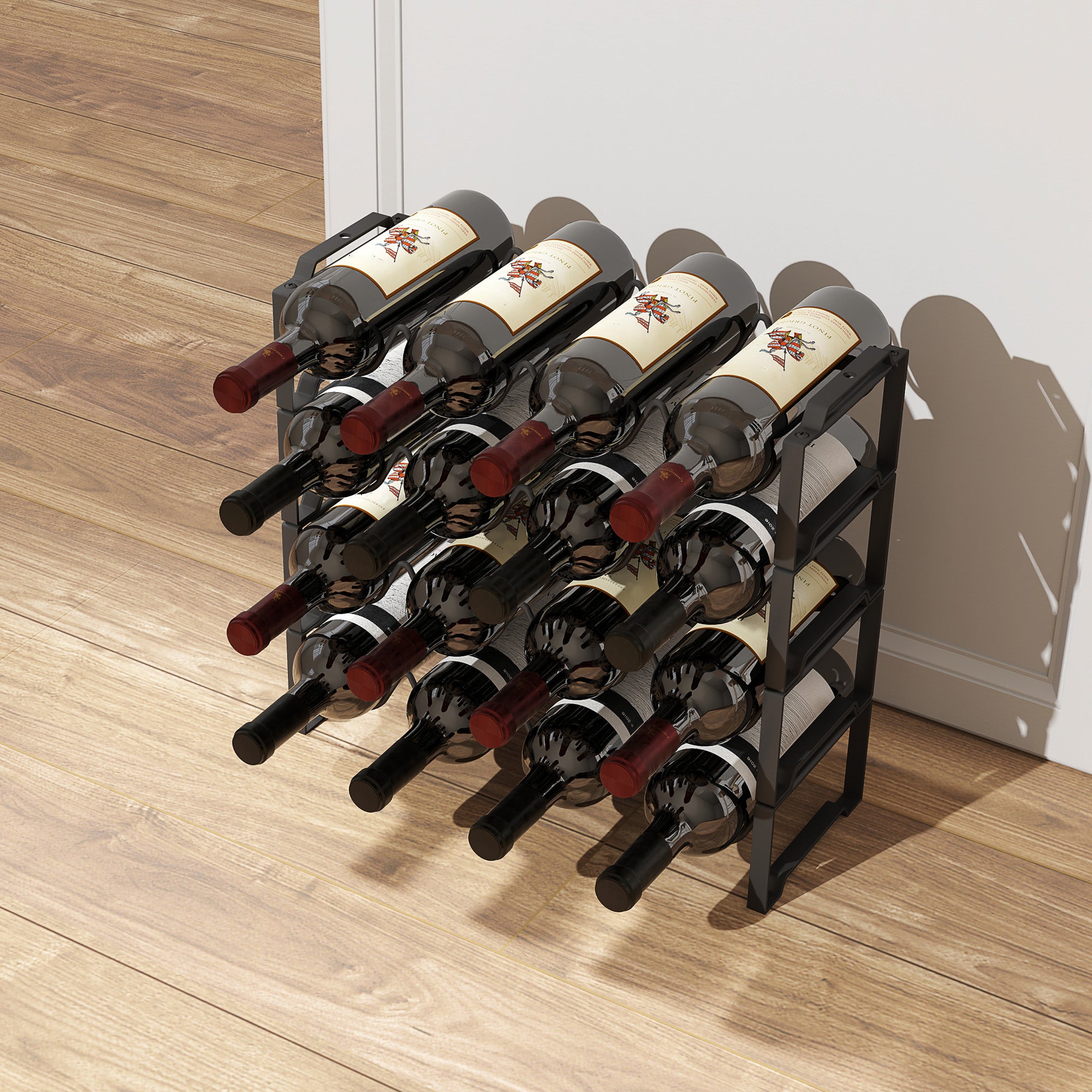 4-Tier Stackable Wave Bottle Rack for 16 Bottles, Metal, 42.5x16.5x41 cm, Black