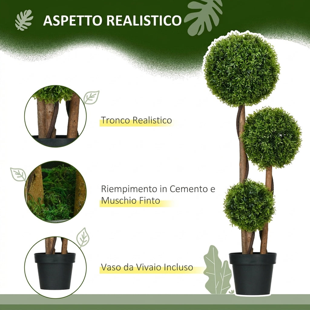HOMCOM Artificial Boxwood Plant with 3 Balls and Bamboo Leaves, Pot Included, Height 110 cm, Green