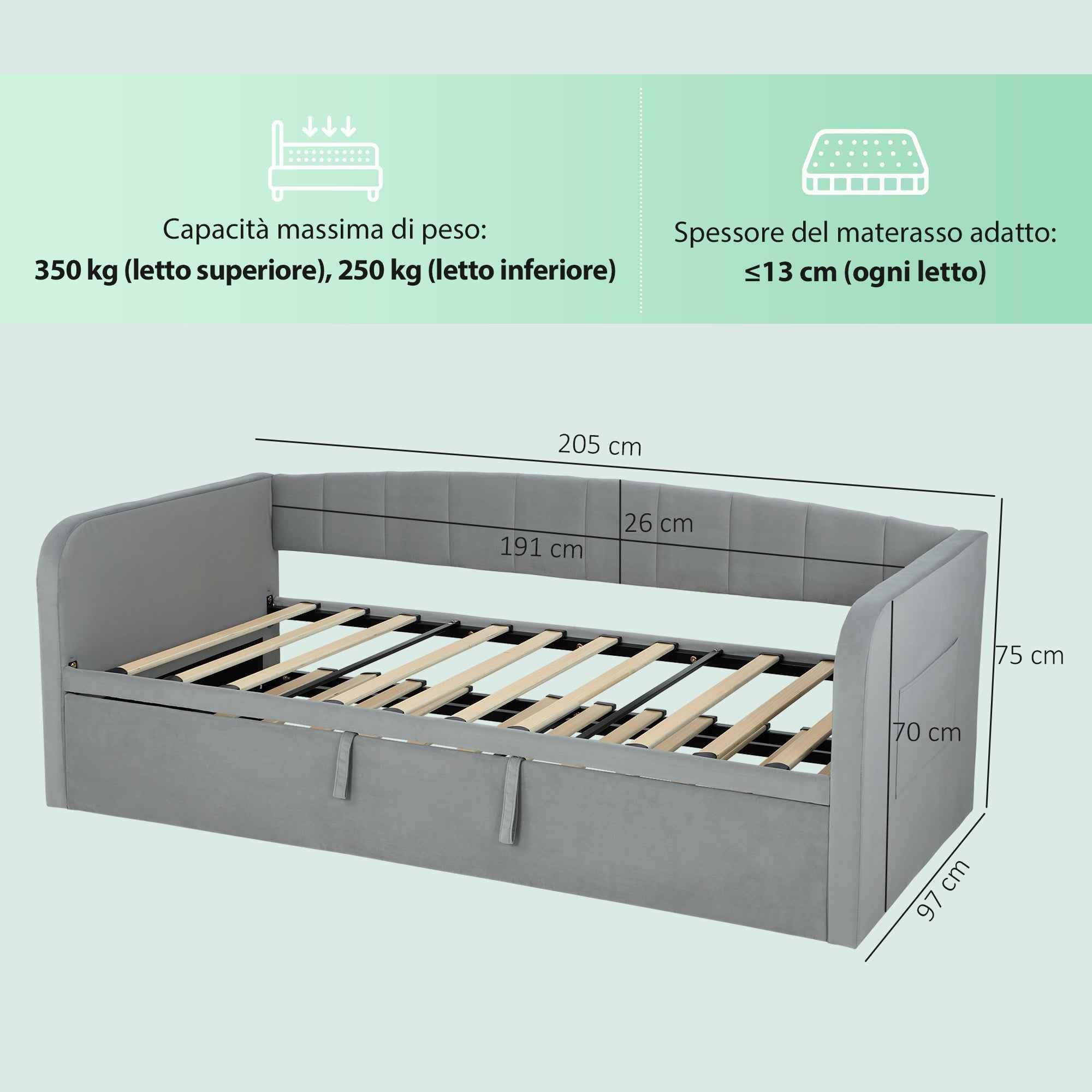 HOMCOM 3-Seater Sofa Bed with Pull-Out Cot, Convertible to a Double Bed, 205 x 186 x 75 cm, Light Grey