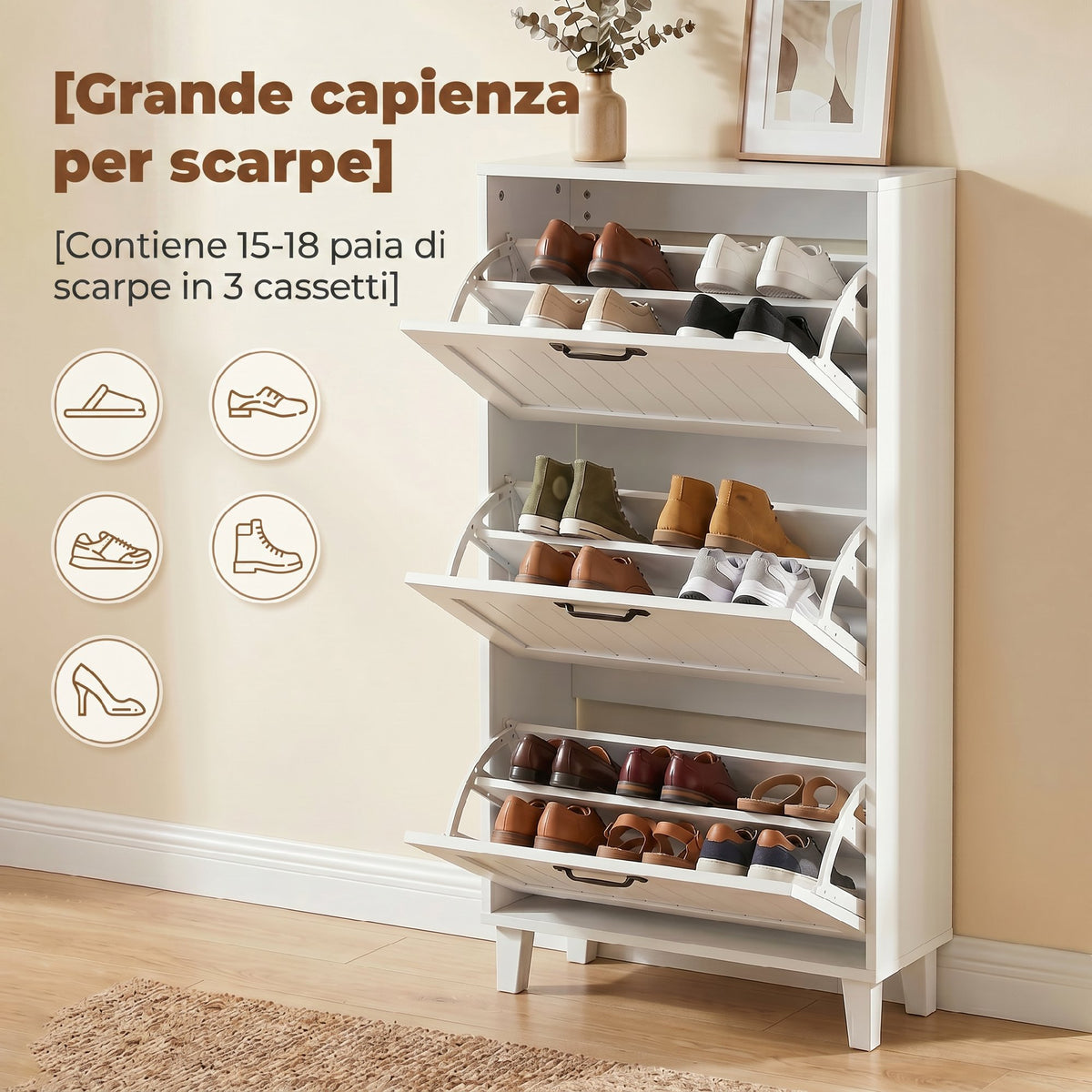 HOMCOM Space-Saving Shoe Rack with 3 Folding Drawers and Adjustable Shelves, 60x24x118 cm, White