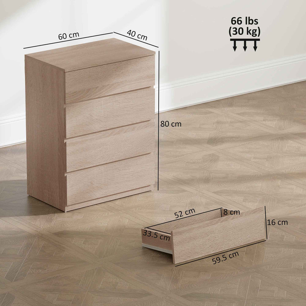 HOMCOM 4-Drawer Wooden Chest of Drawers with Metal Rails and Grooved Handles, 60x40x80 cm, Beech Color