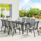 Outsunny 9-Piece Outdoor Set with 8 Stackable Texteline Chairs and Glass-Top Coffee Table, Light Grey