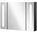 Wall Mounted MDF Bathroom Mirror Cabinet with 3 Cabinets, 3 Shelves and LED Light, 90x15x65 cm, Black