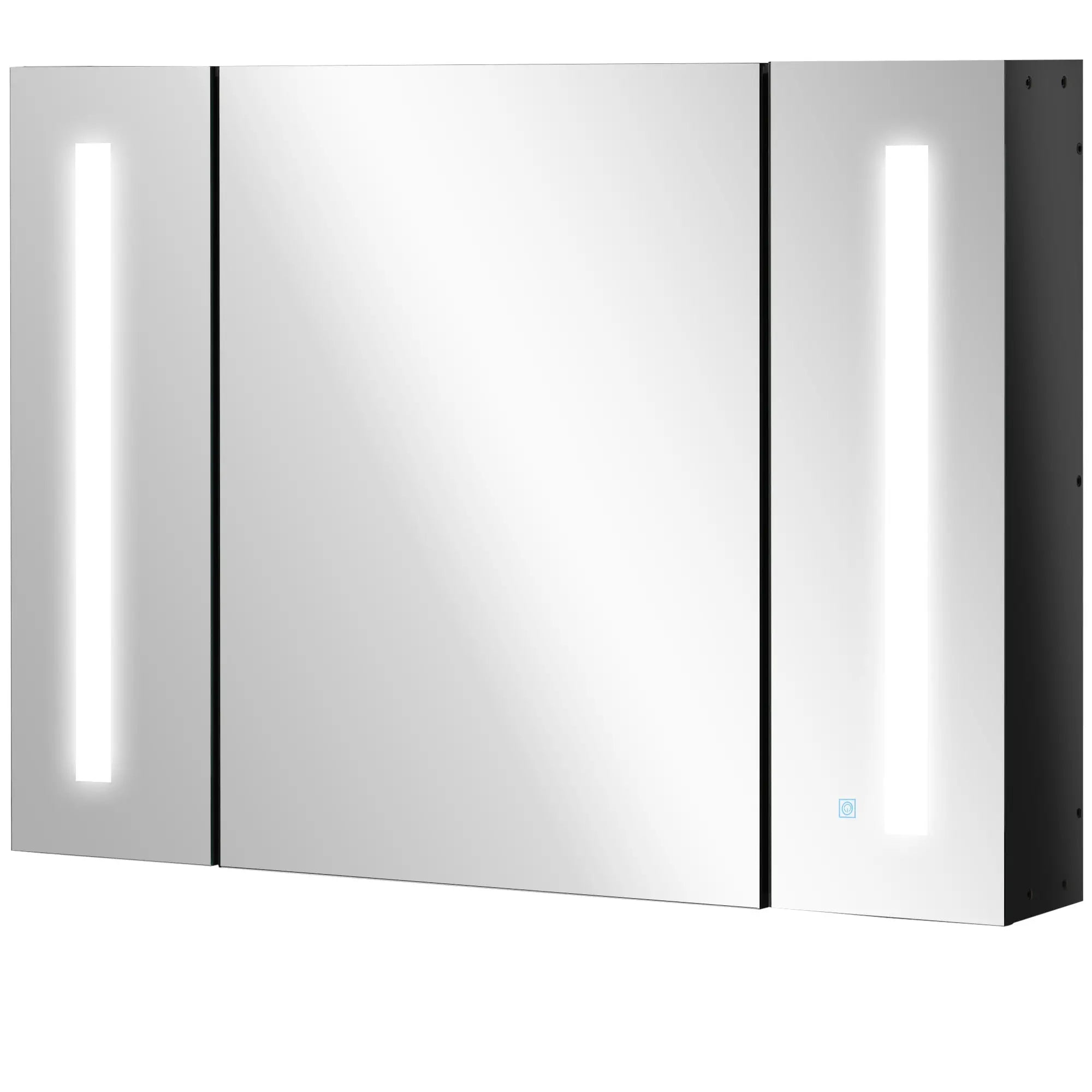Wall Mounted MDF Bathroom Mirror Cabinet with 3 Cabinets, 3 Shelves and LED Light, 90x15x65 cm, Black