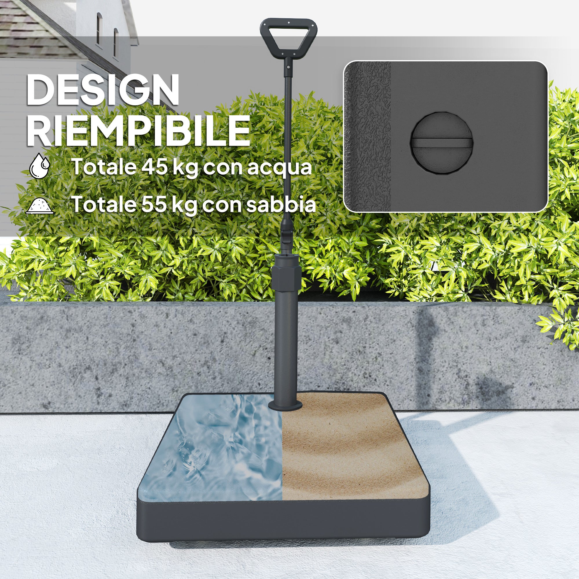 HDPE Umbrella Base with Handle and Wheels and Fillable with Water or Sand, 60x60x100 cm, Black