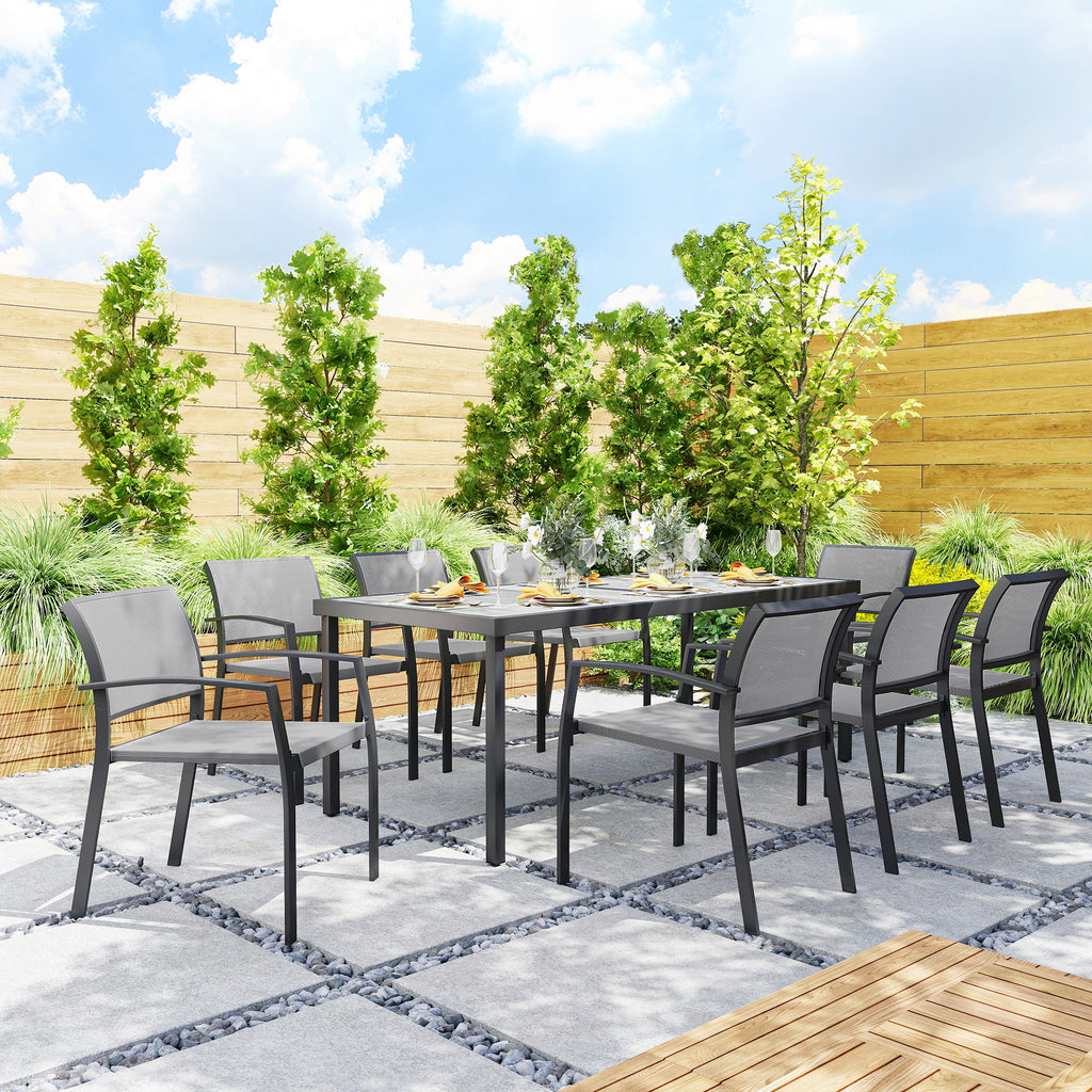 Outsunny Garden Set with Rectangular Dining Table and 8 Stackable Chairs with Armrests, Grey