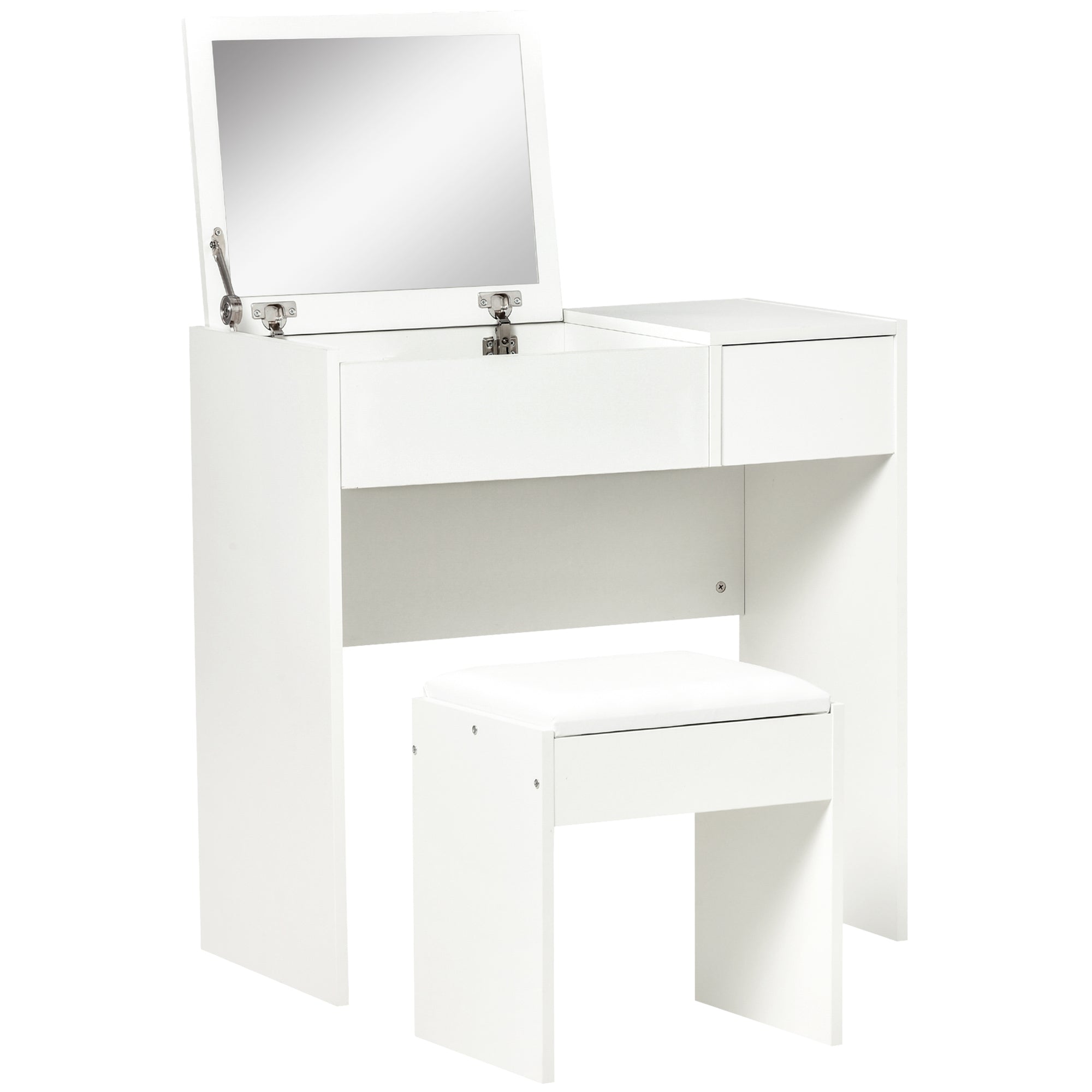 Vanity Table with Folding Mirror, Modern Makeup Table with Stool, 4-Compartment Storage Compartment, White MDF, 80x40x79 cm