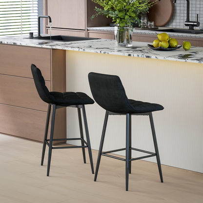 Set of 2 Nordic Style Kitchen Stools in Velvet and Metal Effect Fabric, 45x47x84 cm, Black