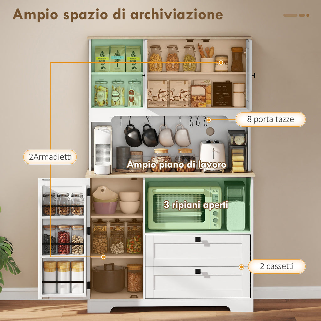 HOMCOM Kitchen Sideboard with 3 Cabinets, 2 Drawers, Adjustable Shelves and Spice Rack, 100x40x62 cm, White