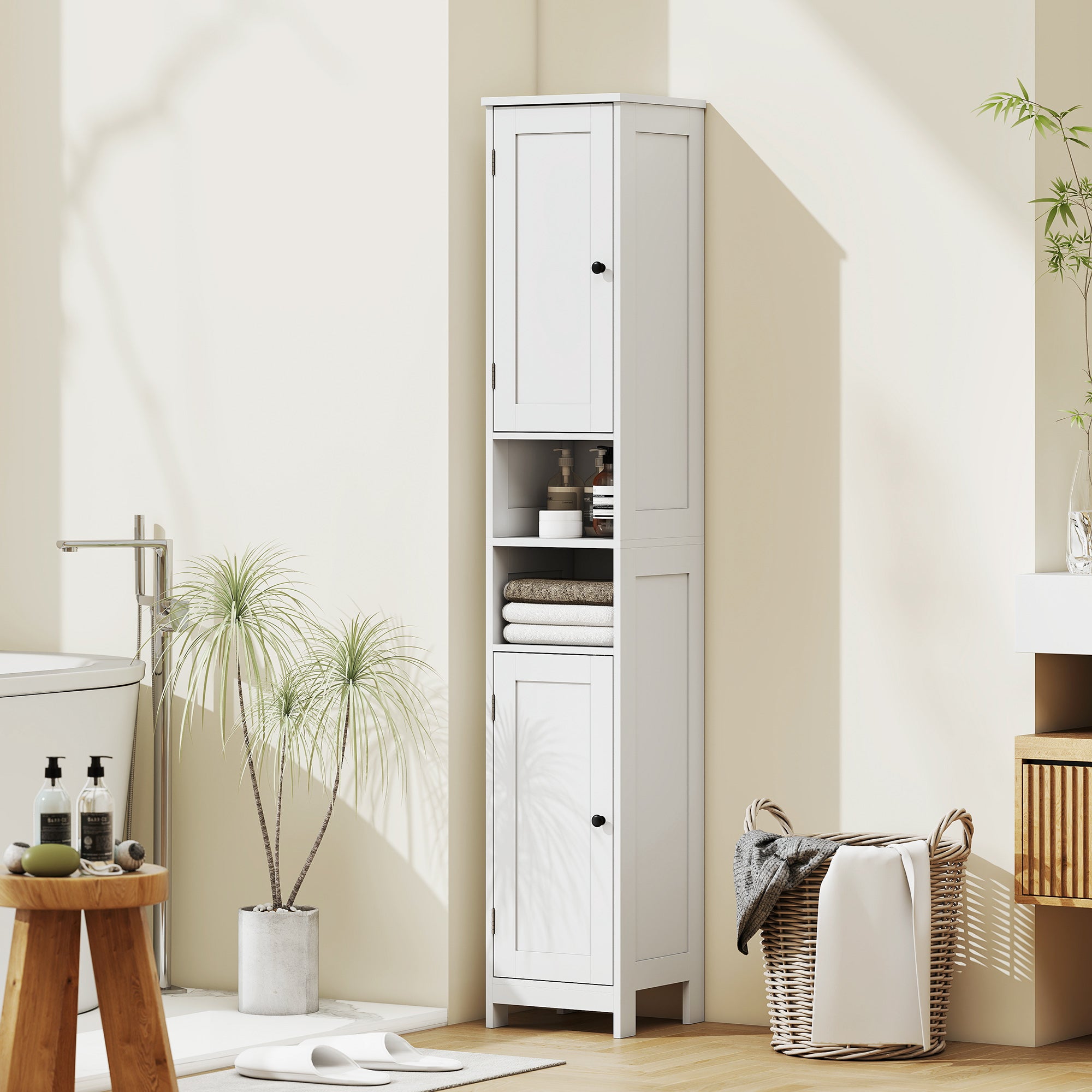 Tall Bathroom Cabinet with 2 Open Shelves and 2 Adjustable Shelving Cabinets, Wooden, 30x30x170 cm, White