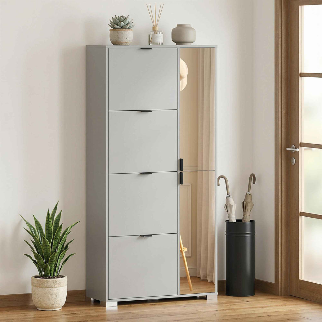 HOMCOM Shoe Rack with Mirror, 4 Drawers with Flap, Entrance Shoe Rack, Grey