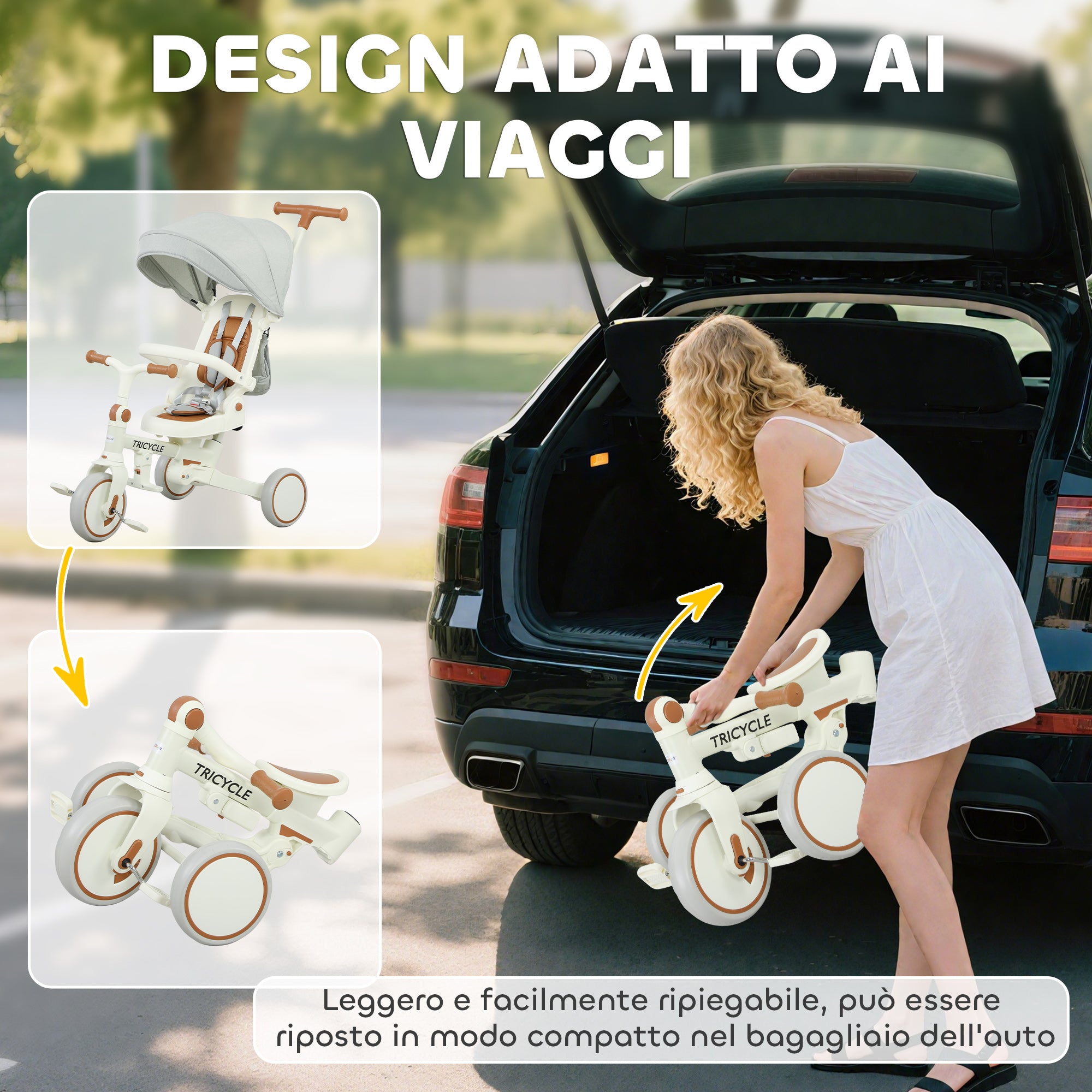 5-in-1 Children's Tricycle with Push Handle and Removable Cover, 96.5x49x101 cm, Cream White