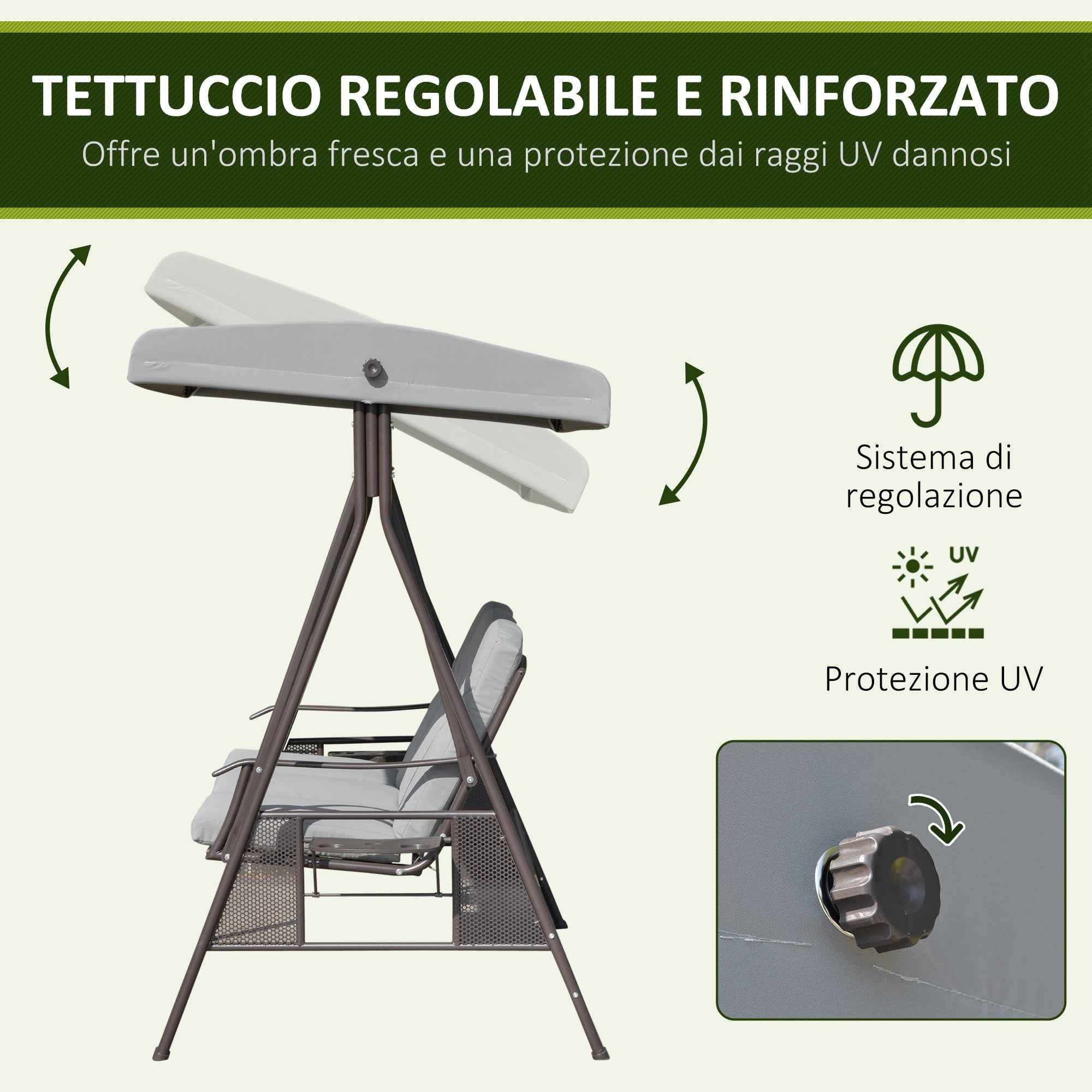 Outsunny 3-Seater Garden Swing with Adjustable Canopy, Cup Holder and Cushions, 208x121x172 cm, Light Grey